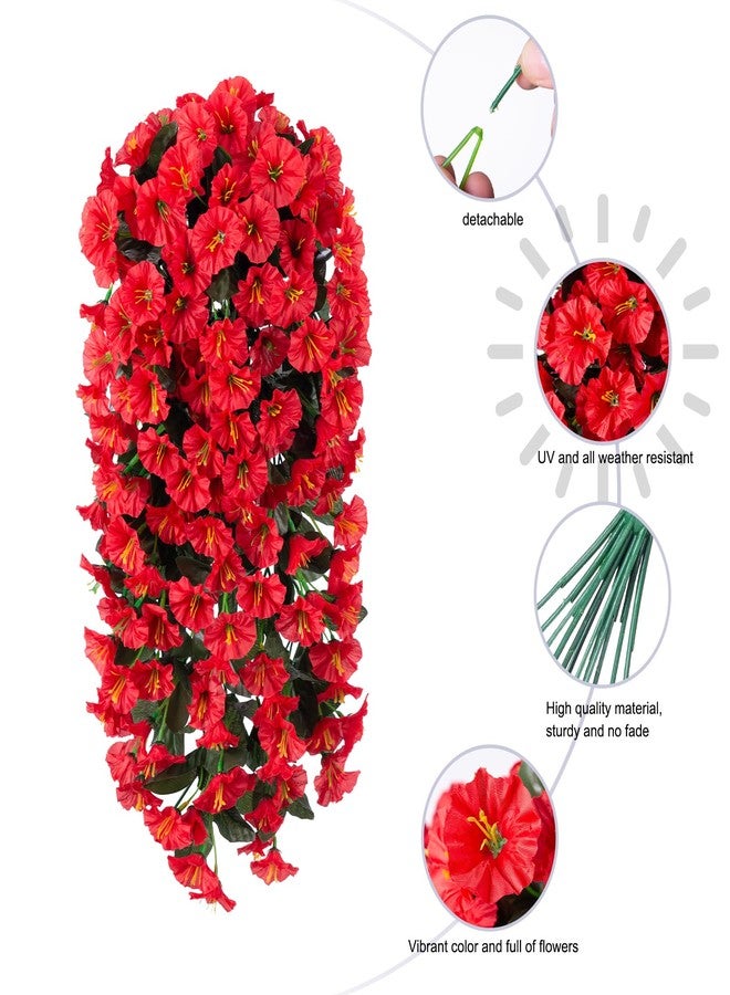 florisso Artificial Faux Hanging Flowers Plants for Winter Christmas Outdoor Outside Decor, 2 PCS Fake Silk Red Morning Glory Long Vines UV Resistant Realistic for Home Porch Patio Balcony Planter Decoration - Image 2